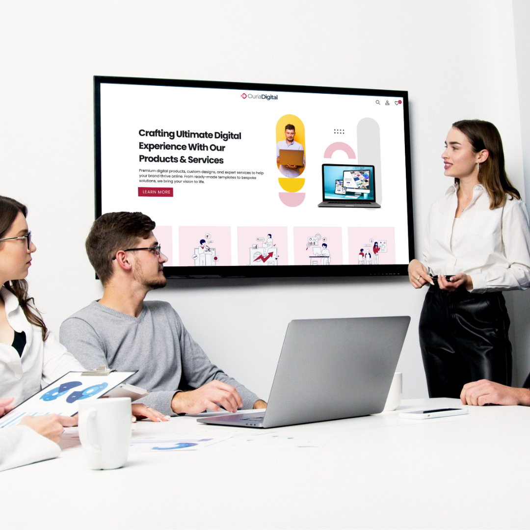 A designer showcasing digital products on a computer screen